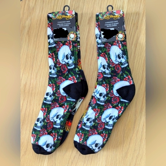 NWT Ed Hardy Cushioned Crew Socks Skulls, Tigers, Roses/Corps Black & Grey Plain - Picture 3 of 16